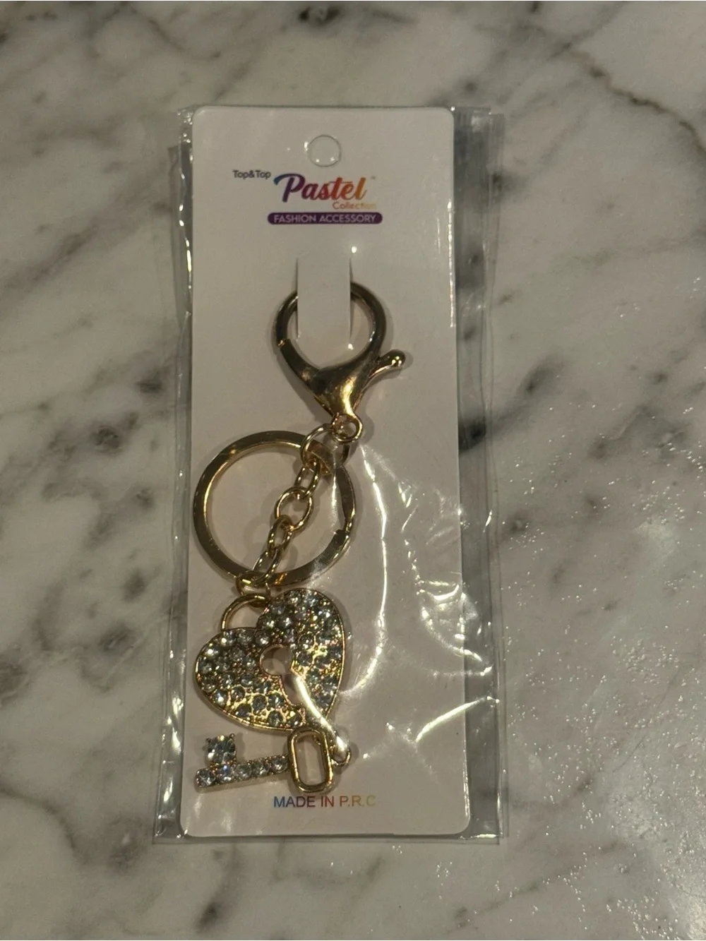 Pastels Gold Heart & Key Rhinestone Keyring